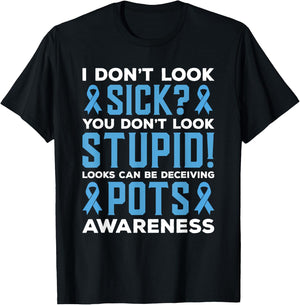 Sky Blue Ribbon Pots Awareness I Don't Look Sick T-Shirt - T-Shirt | Black
