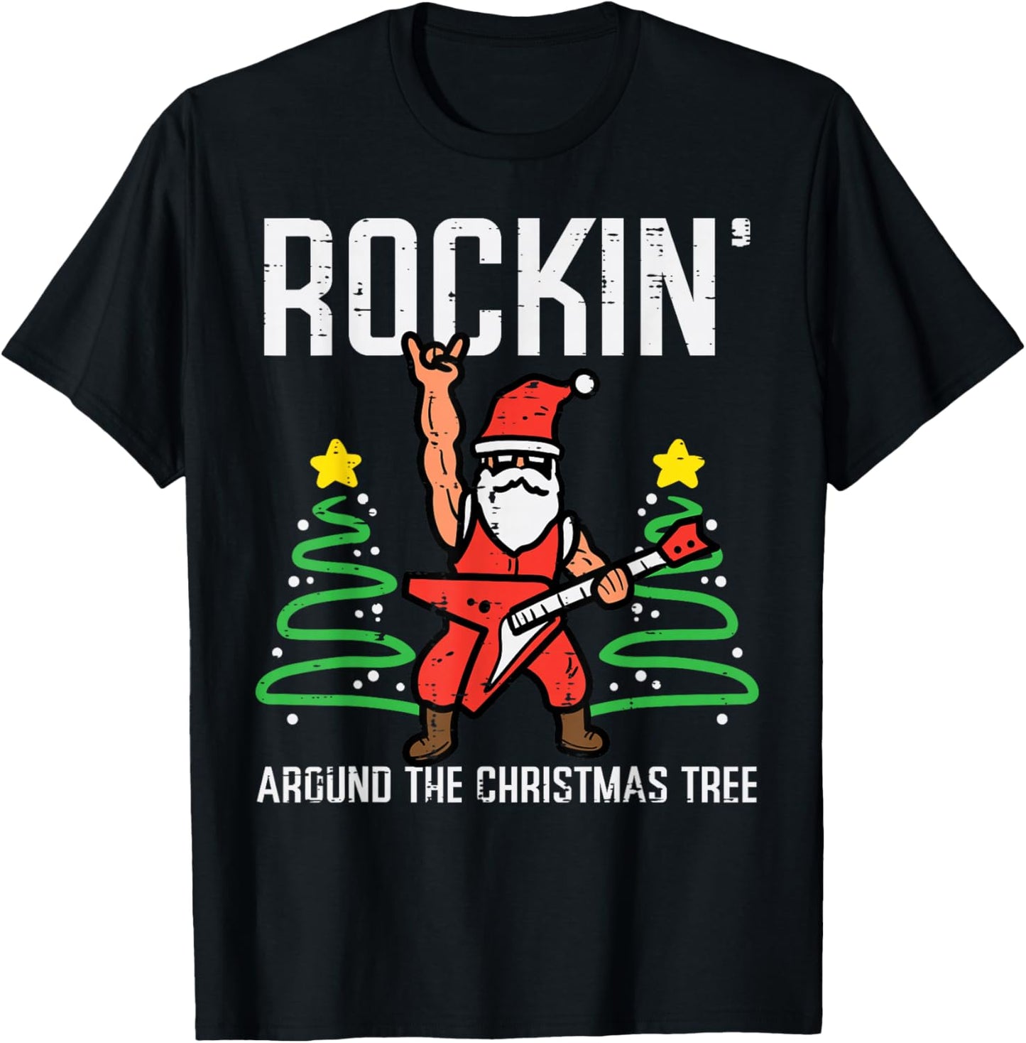 Santa Guitar Rockin Christmas Tree Funny Xmas Rocker Men Boy T-Shirt - T-Shirt | Black