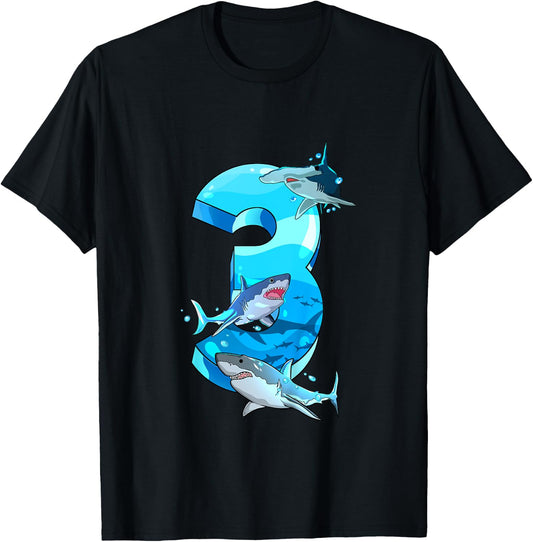 Kids Shark Boy 3 Years Birthday Child Children Birthday T-Shirt - T-Shirt | Black