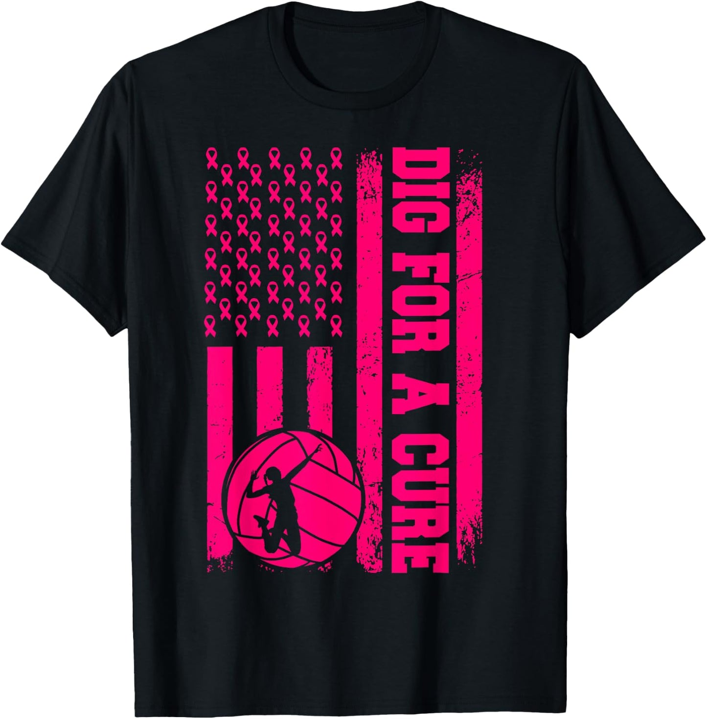 Dig For A Cure Breast Cancer Volleyball Pink American Flag T-Shirt - T-Shirt | Black