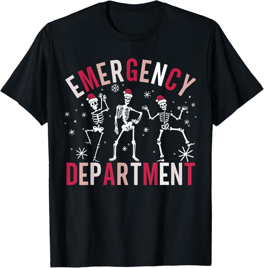Emergency Department Skeleton Santa Hat ER Nurse Christmas T-Shirt - T-Shirt | Black