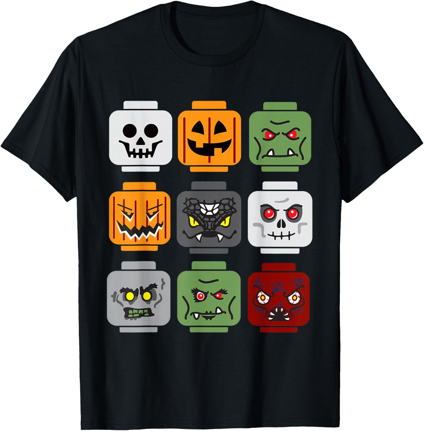 Halloween Building Brick Head Pumpkin Ghost Zombie Friends T-Shirt - T-Shirt | Black