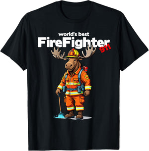 World's Best Firefighter Moose Patriotic Dad Father Women Kids Men T-Shirt - T-Shirt | Black