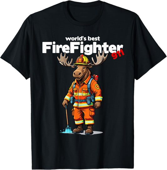 World's Best Firefighter Moose Patriotic Dad Father Women Kids Men T-Shirt - T-Shirt | Black