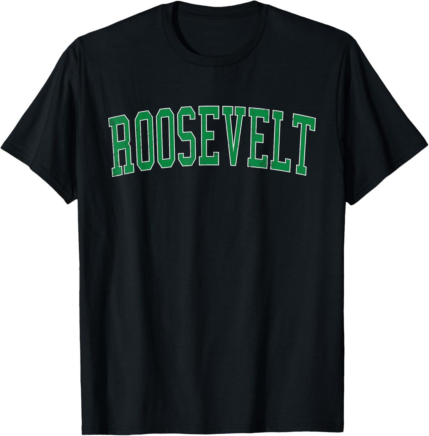 Vintage Roosevelt NY Distressed Green Varsity Style T-Shirt - T-Shirt | Black