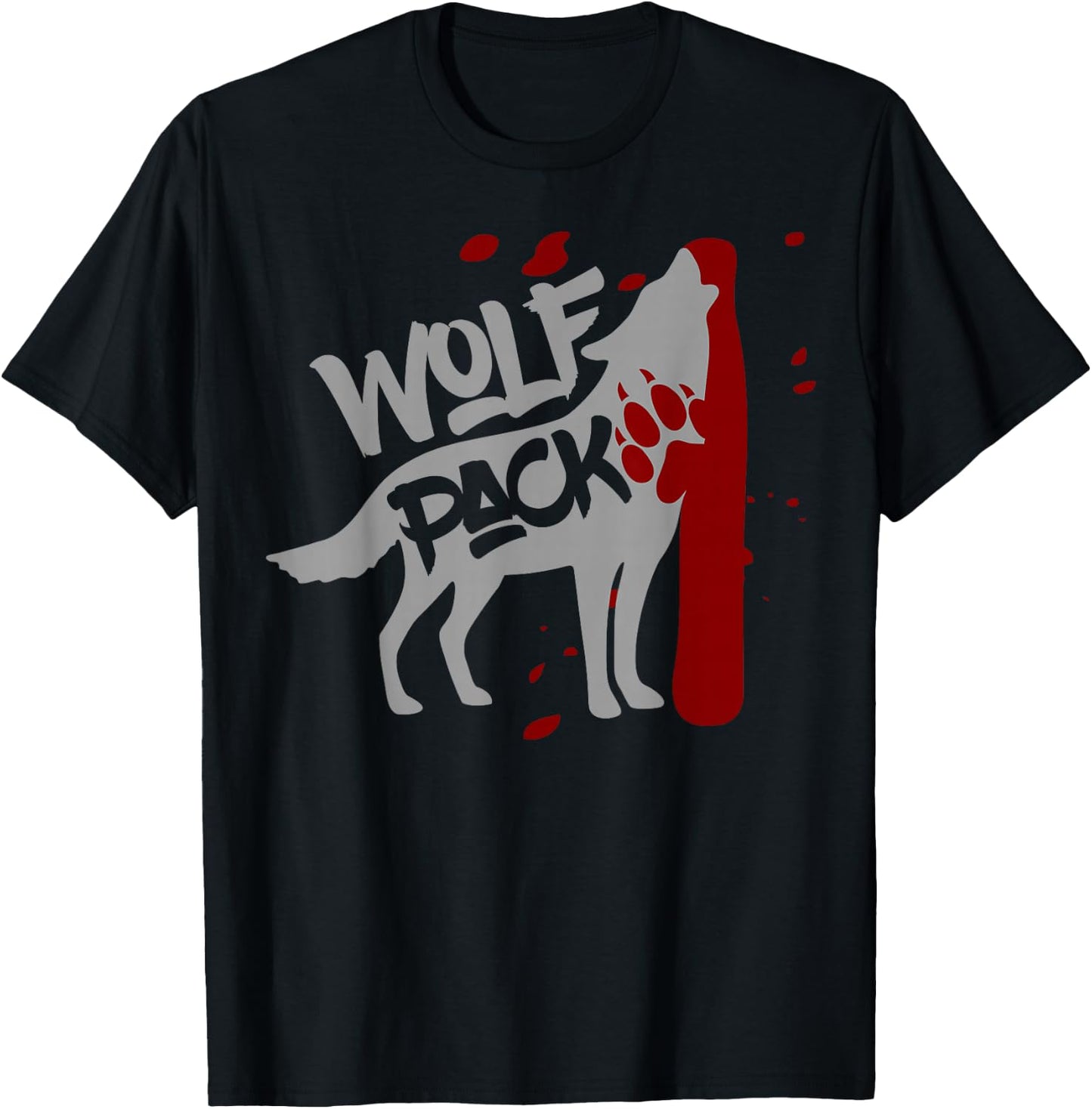 Wolf Pack - Howling Wolf with Wolves Paw Print T-Shirt - T-Shirt | Black