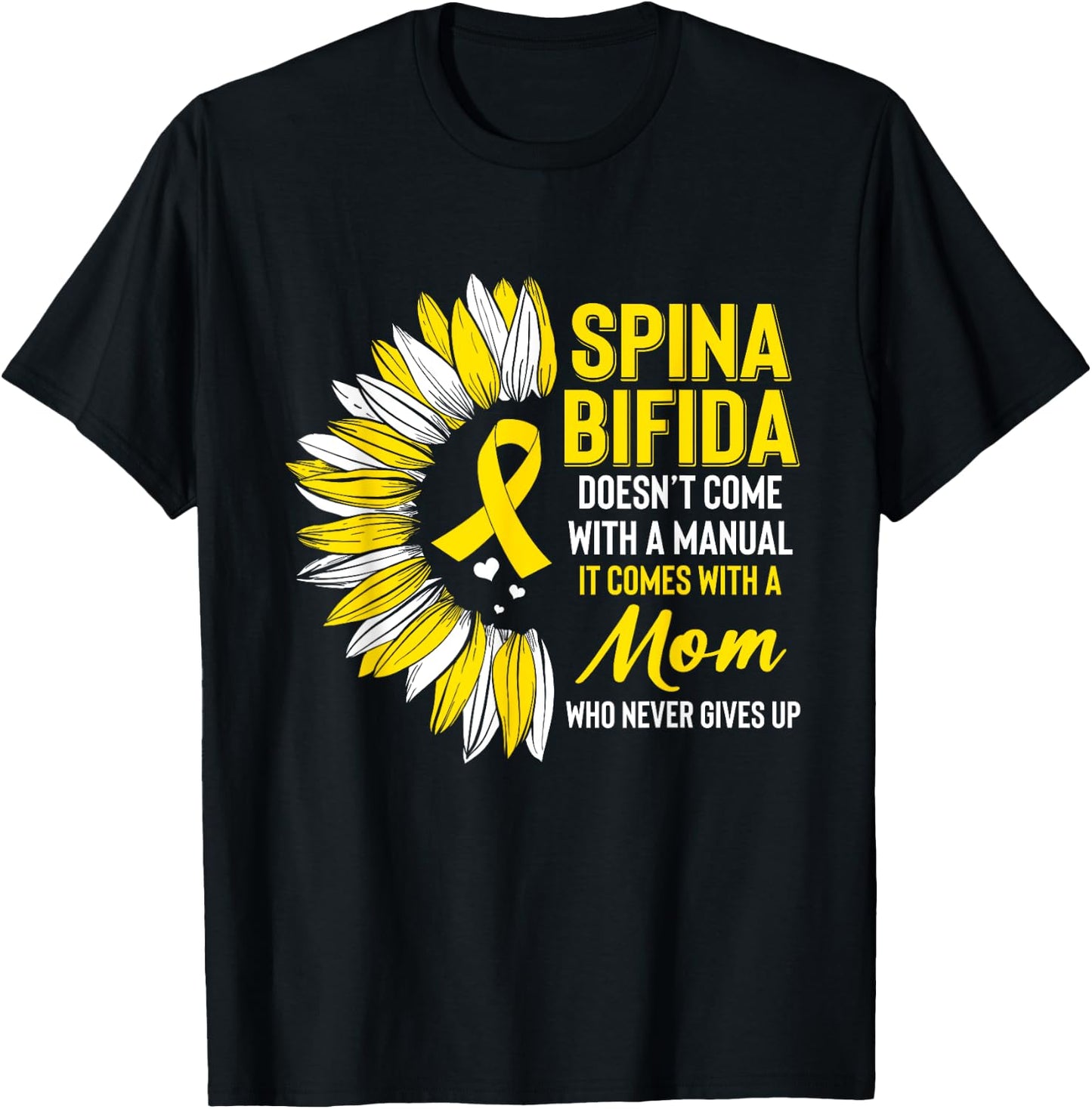 Spina Bifida Awareness Mom Mother Sunflower Yellow Ribbon T-Shirt - T-Shirt | Black