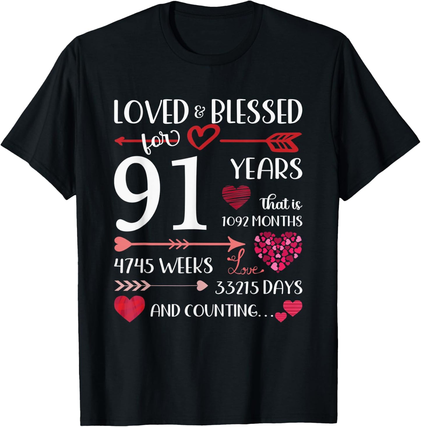 Loved And Blessed For 91 Years Old 91st Birthday Mothers Day T-Shirt - T-Shirt | Black