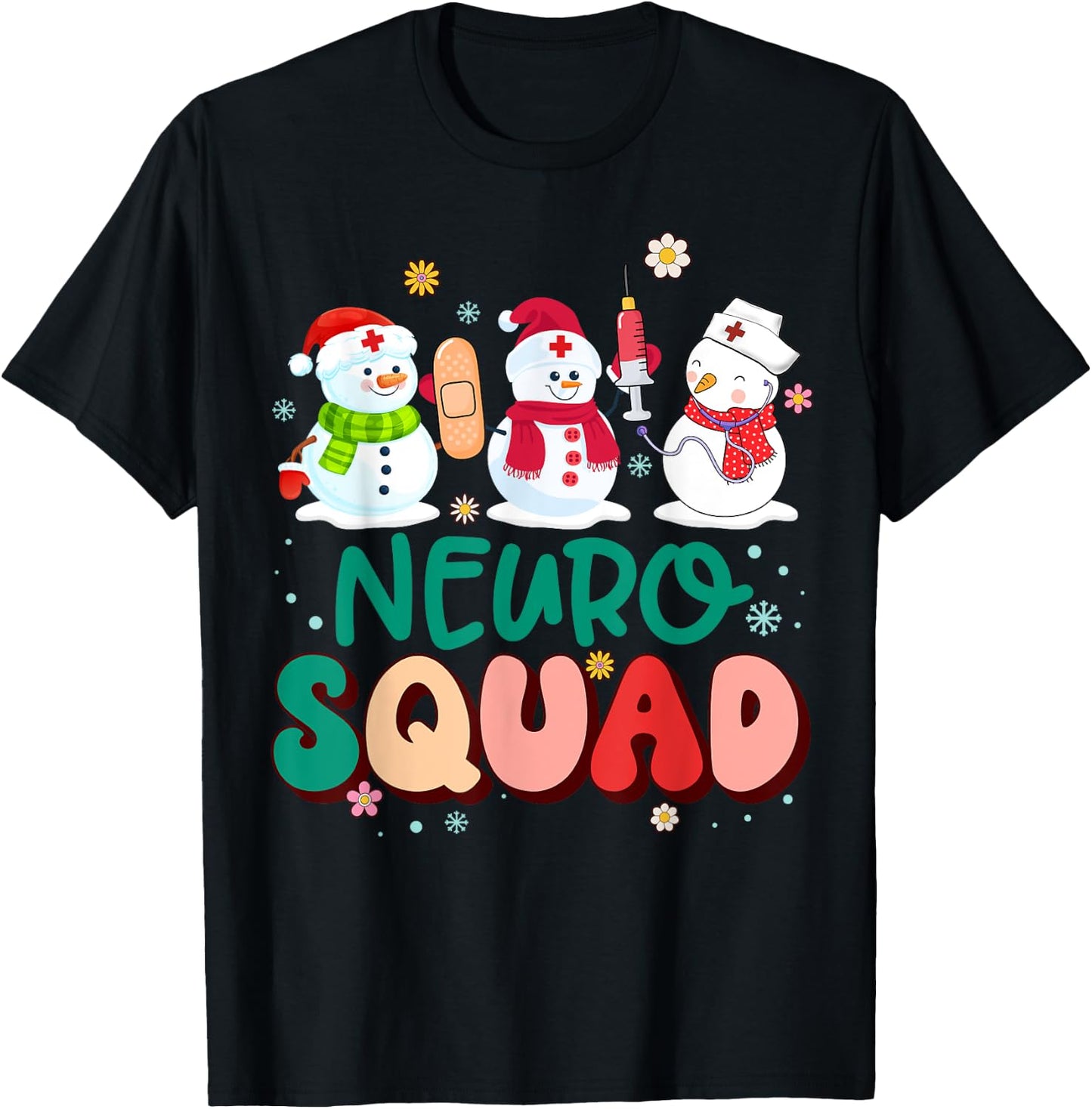 Retro Groovy Neuro Squad Nurse Snowman Stethoscope Christmas T-Shirt - T-Shirt | Black