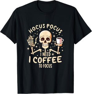 Hocus Pocus I Need Coffee to Focus Funny Skeleton Halloween T-Shirt - T-Shirt | Black
