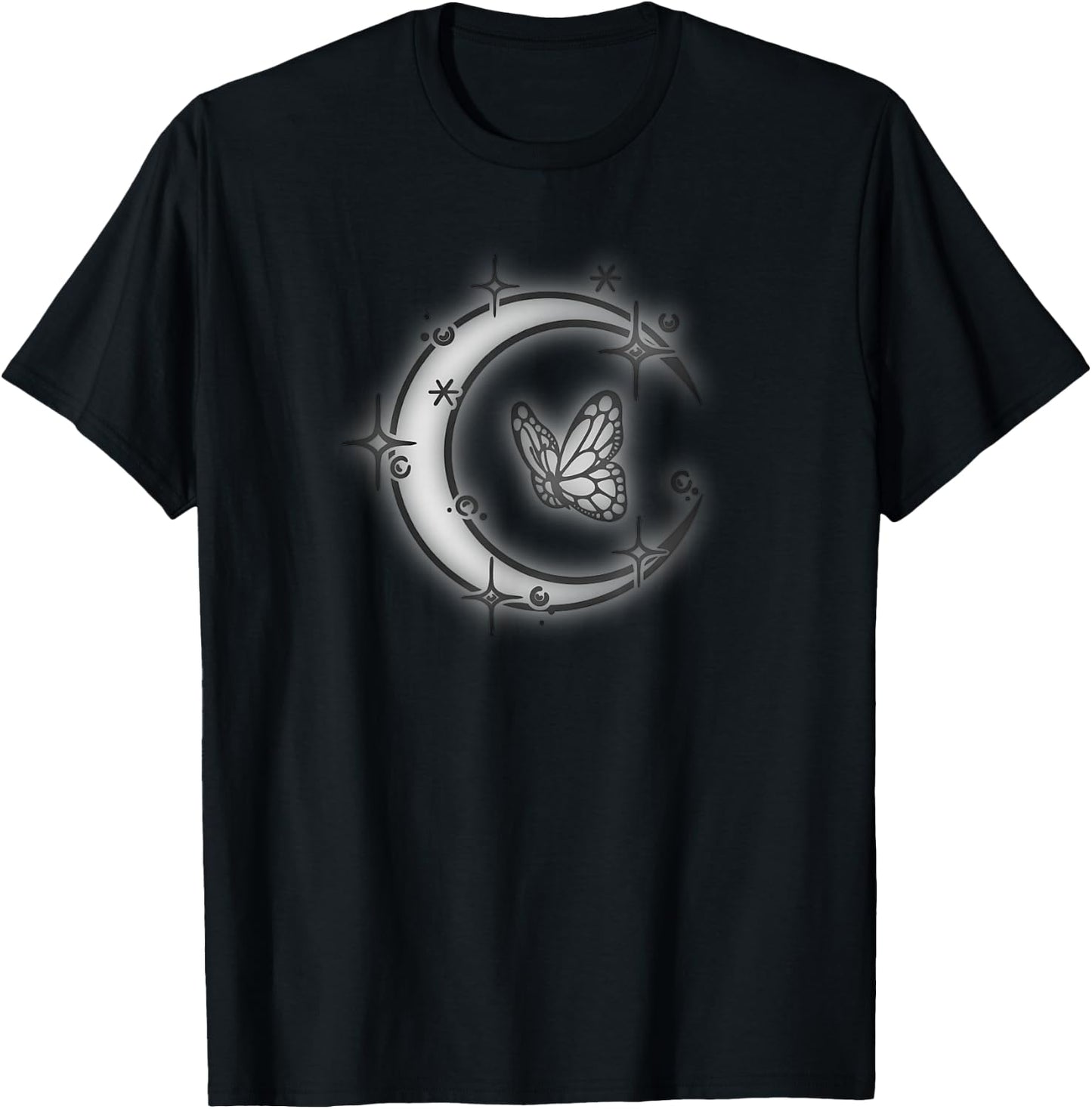 Butterfly and Moon Glow in the Starry Sky T-Shirt - T-Shirt | Black