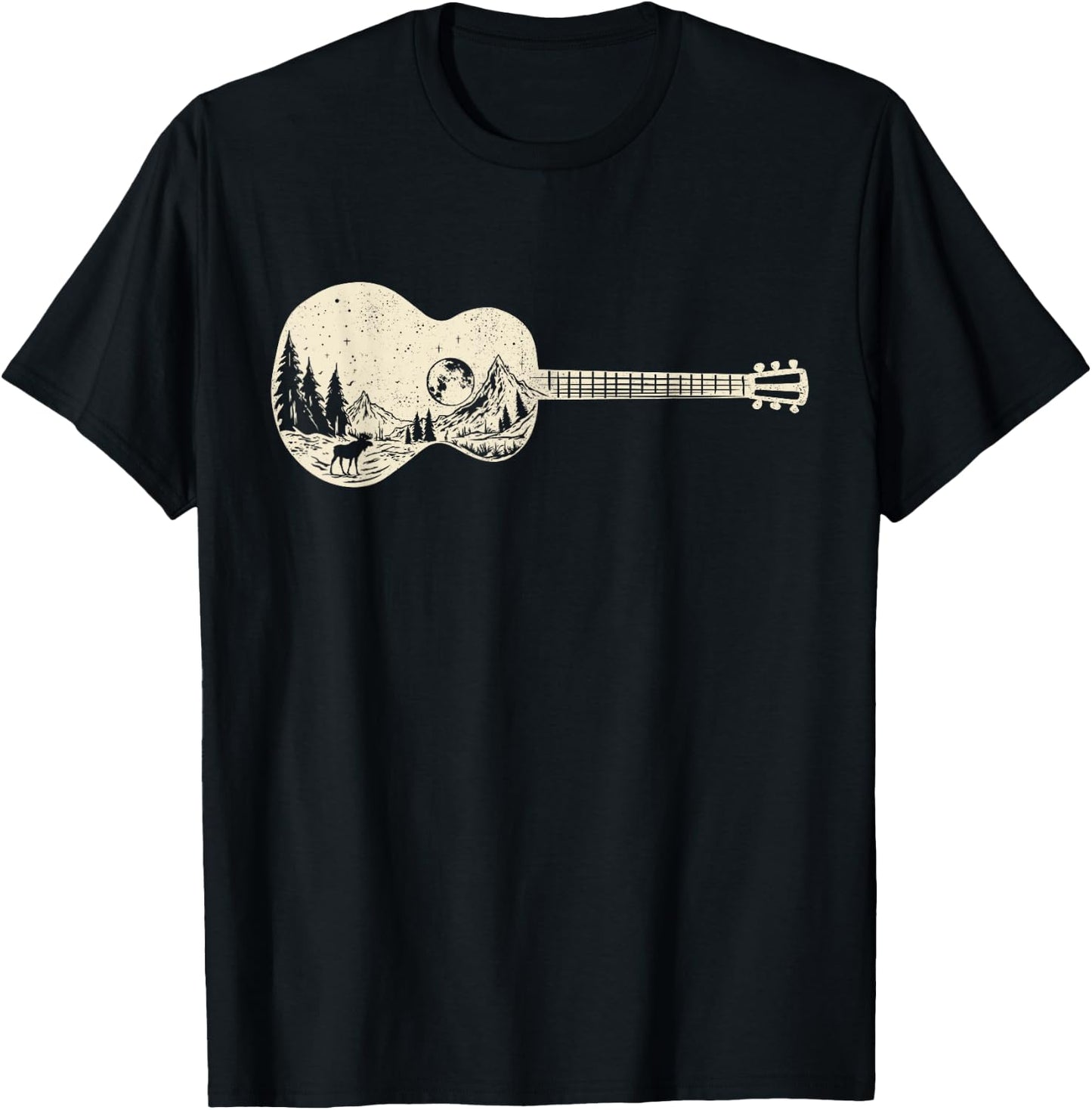 Acoustic Guitar Nature Mountain Music Lover Guitarist Retro T-Shirt - T-Shirt | Black