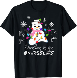 It's Fine I'm Fine Everything Is Fine Nurse Xmas Snowman T-Shirt - T-Shirt | Black