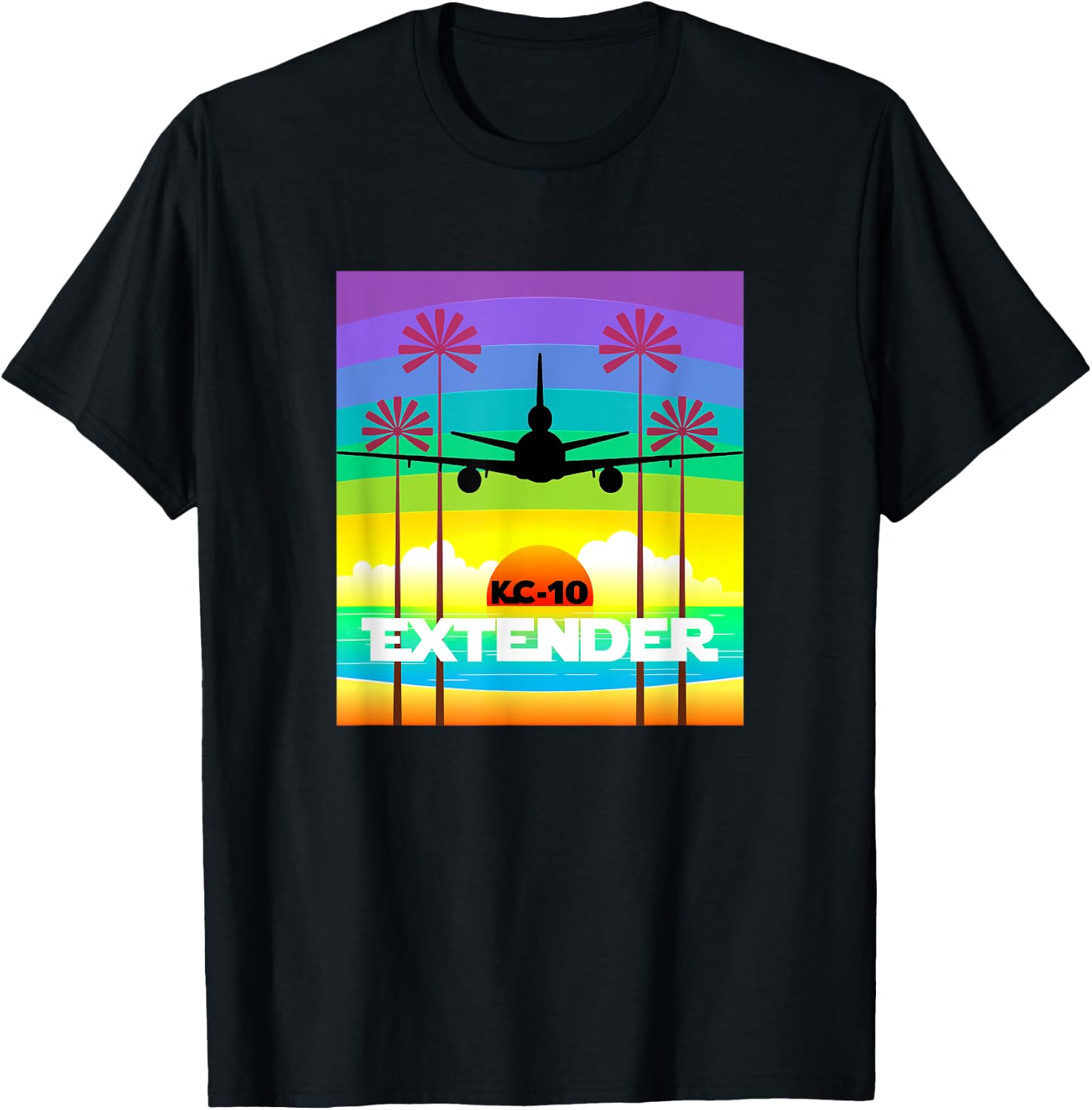 KC-10 Multi-Colored Palm Tree Sunset T-Shirt - T-Shirt | Black