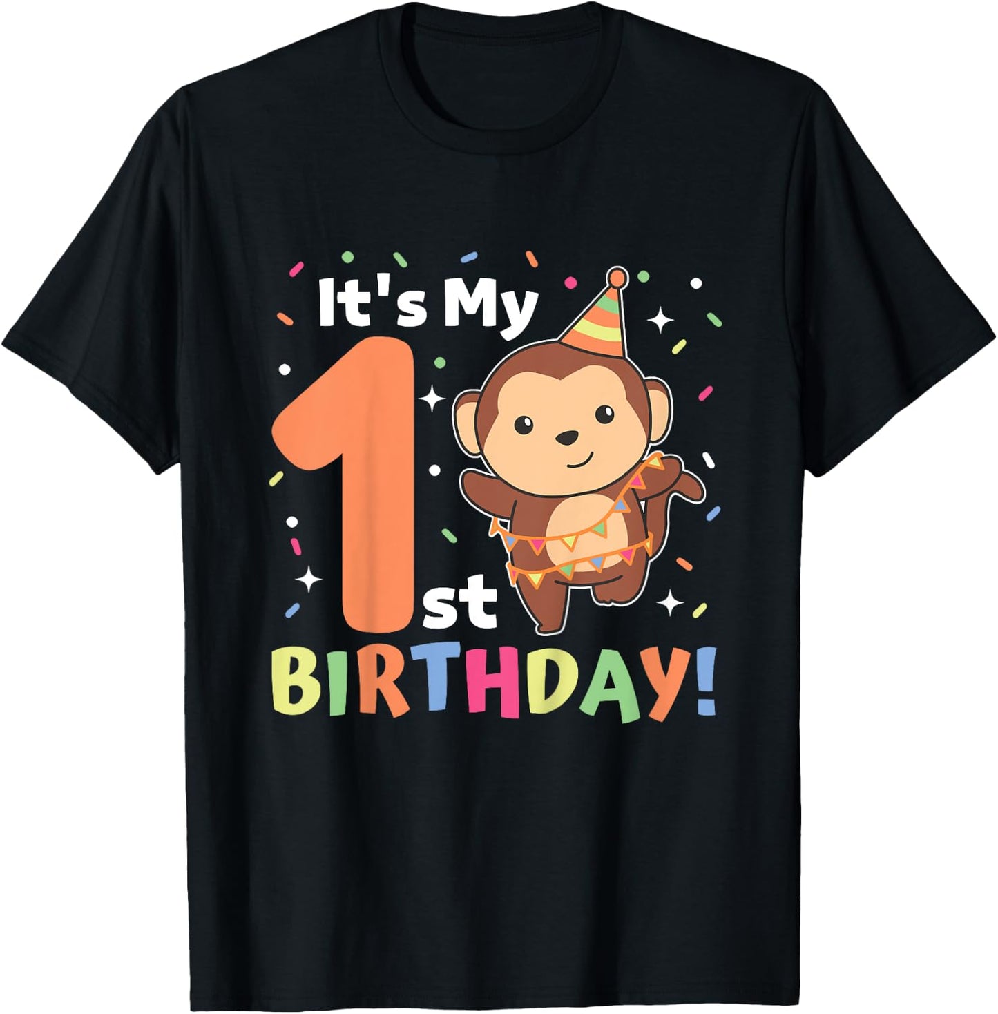 Monkey 1st Birthday For Kids One Year Old Monkey T-Shirt - T-Shirt | Black