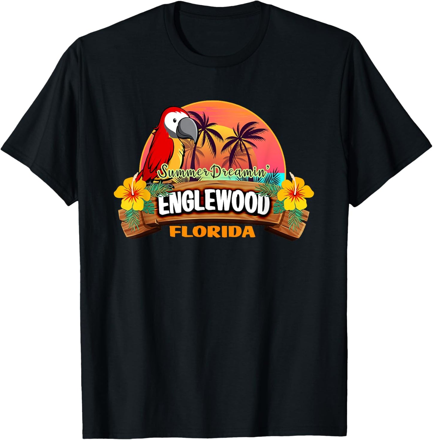 Englewood Florida USA Tropical Beach Parrot Palm Trees Women Kids T-Shirt - T-Shirt | Black