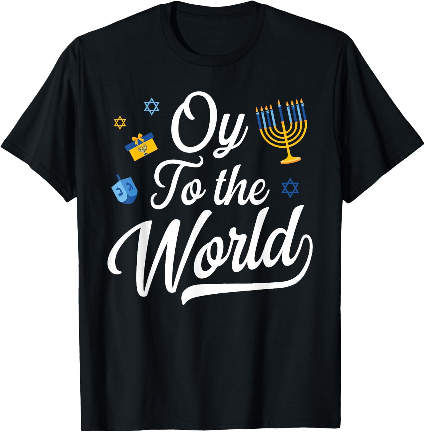 Oy To The World Jewish Hanukkah Menorah Ugly Style T-Shirt - T-Shirt | Black