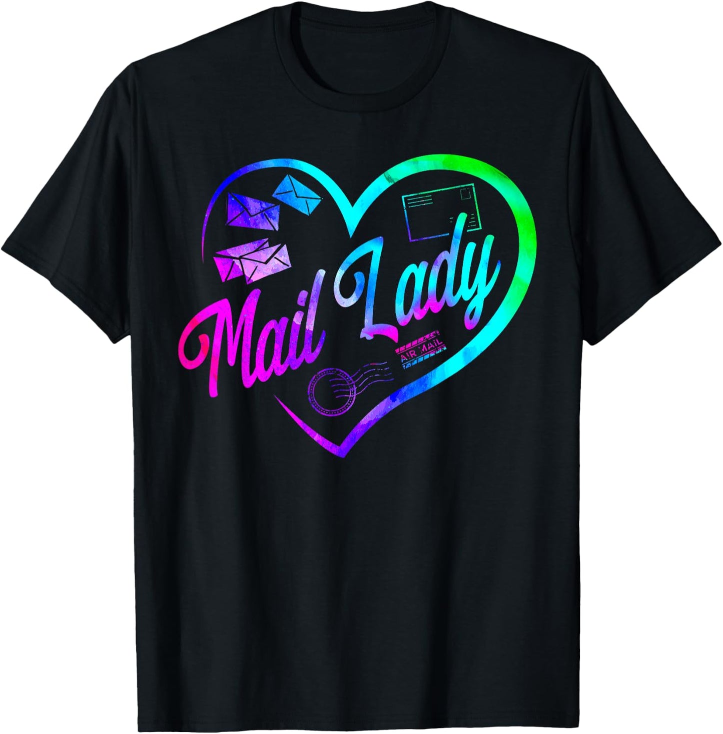 Postman Mailman Heart Watercolor Mail Lady T-Shirt - T-Shirt | Black