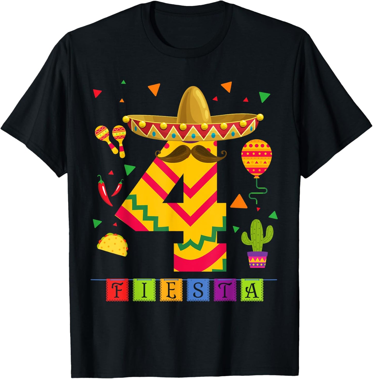 Kids 4th Birthday Fiesta Mexican Themed Party 4 Year Old Boy T-Shirt - T-Shirt | Black