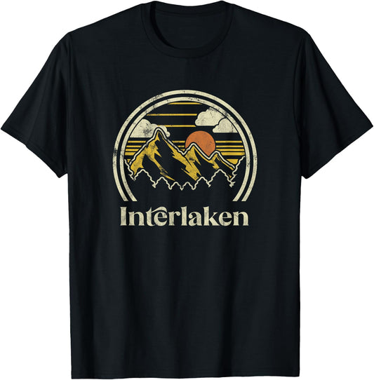 Vintage Outdoors Mountains Apparel & Gifts Interlaken Mountains Switzerland Hiking Retro Blue T-Shirt - T-Shirt | Black