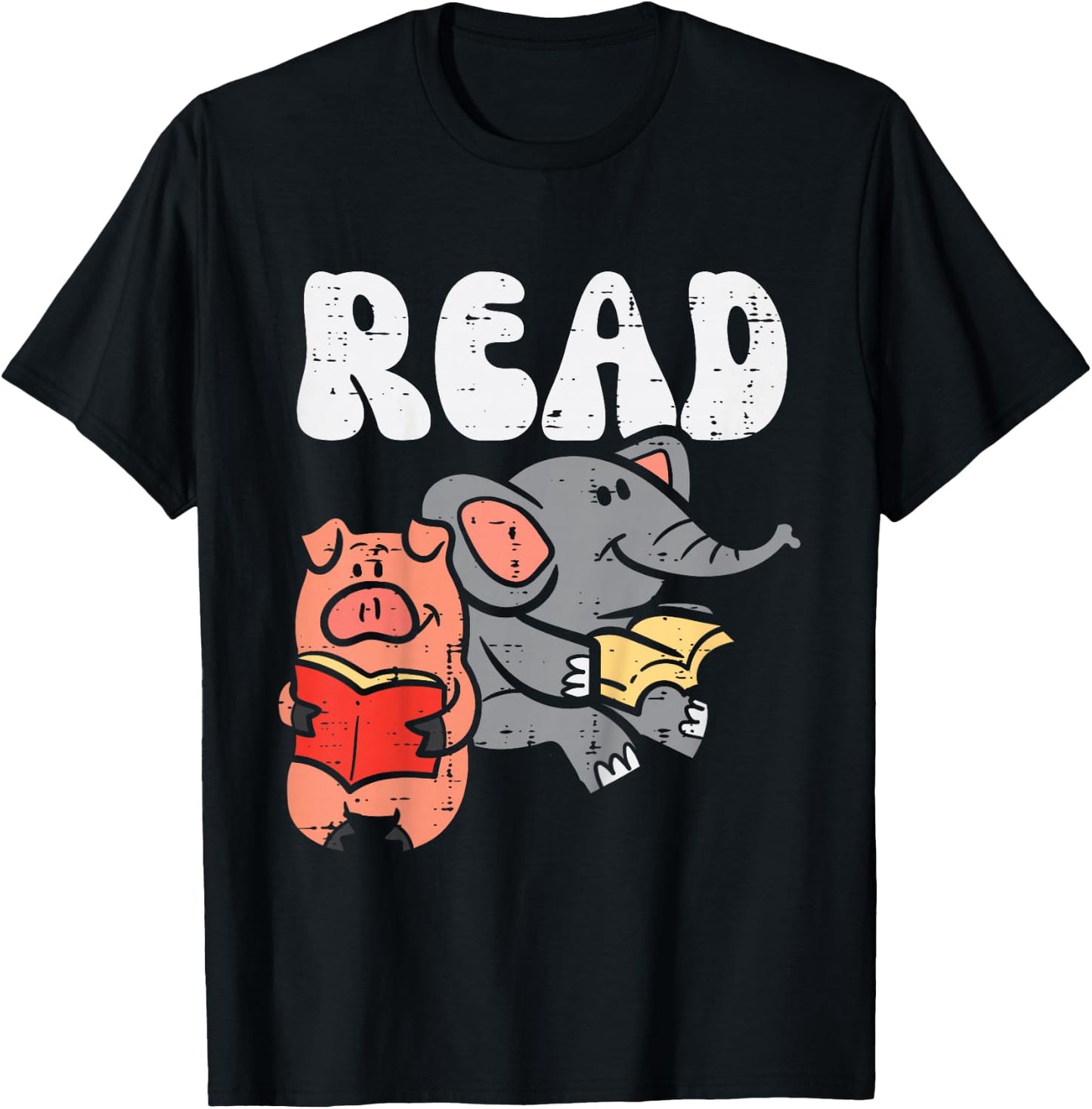 Pig Elephant Reading Cute Book Lover Bookworm Boys Girls Kid T-Shirt - T-Shirt | Black