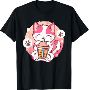 Cat Boba Tea Anime Kawaii Neko Bubble Tea Teen Girl Boba Cat T-Shirt - T-Shirt | Black