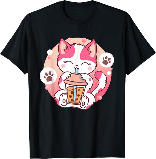 Cat Boba Tea Anime Kawaii Neko Bubble Tea Teen Girl Boba Cat T-Shirt - T-Shirt | Black