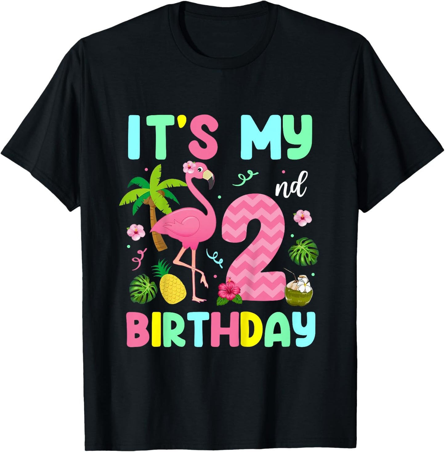It's My 2nd Birthday Flamingo Shirt Hawaii 2 Yrs Old Girl T-Shirt - T-Shirt | Black