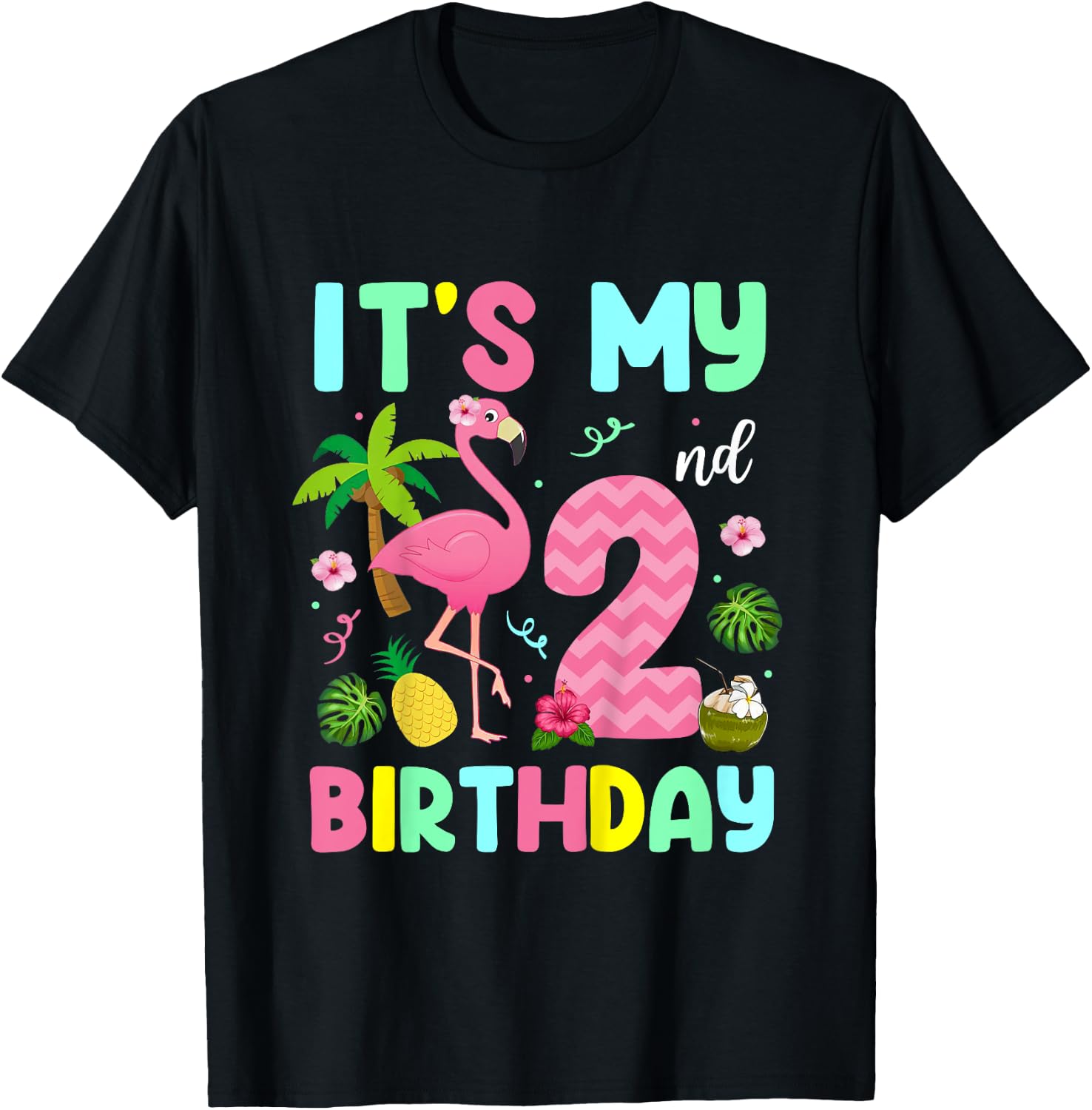 It's My 2nd Birthday Flamingo Shirt Hawaii 2 Yrs Old Girl T-Shirt - T-Shirt | Black