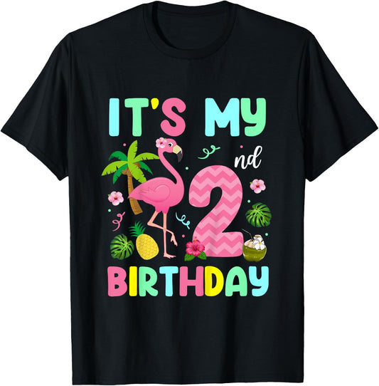 It's My 2nd Birthday Flamingo Shirt Hawaii 2 Yrs Old Girl T-Shirt - T-Shirt | Black