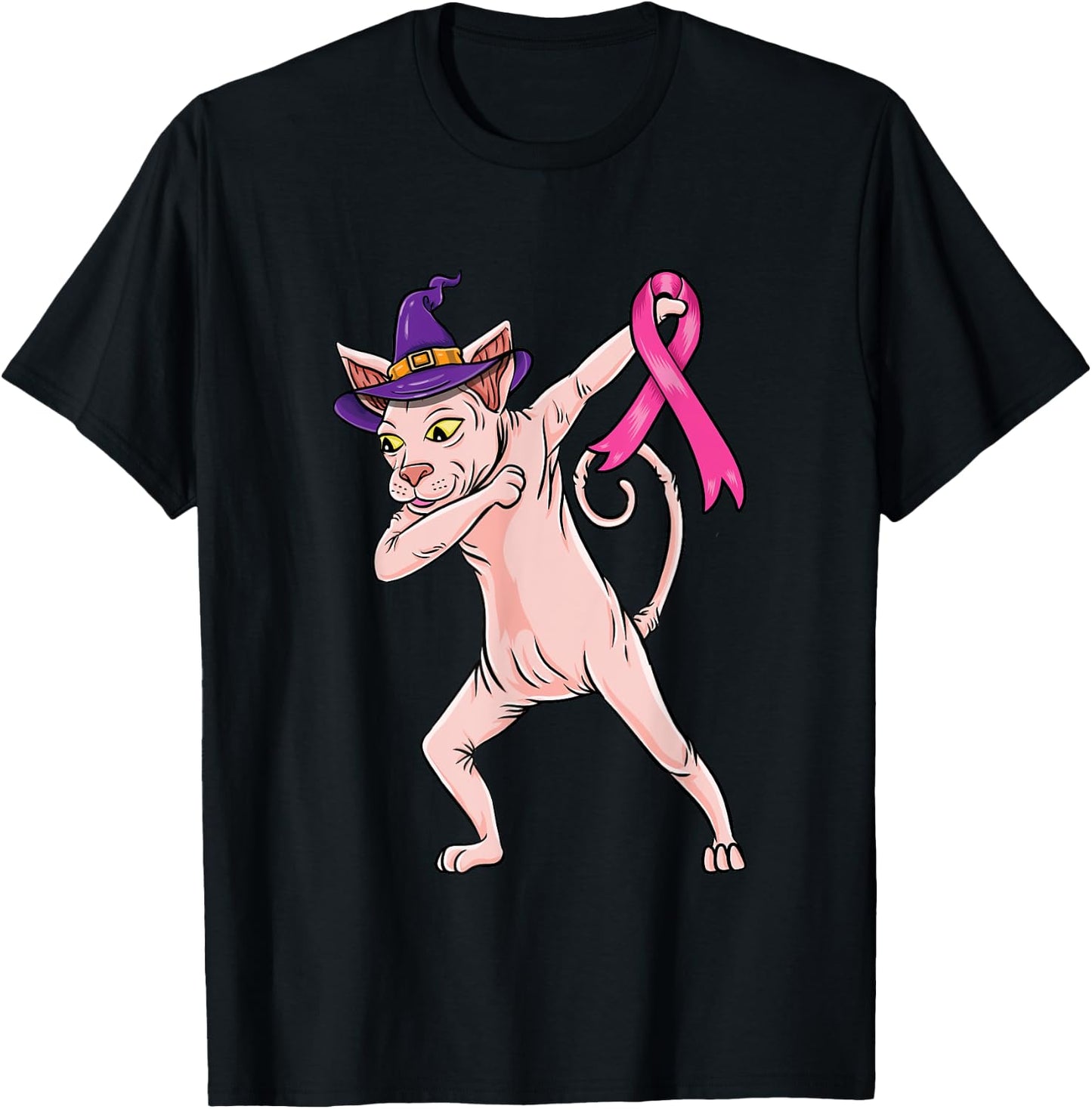 Dabbing Witch Sphynx Cat Breast Cancer Halloween T-Shirt - T-Shirt | Black