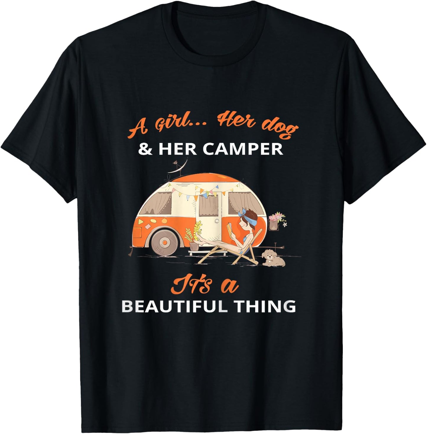 Camping Beautiful A girl her dog her camper T-Shirt - T-Shirt | Black