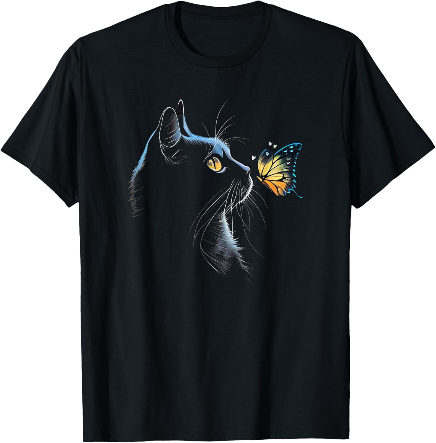 Cat Face - with Butterfly T-Shirt - T-Shirt | Black