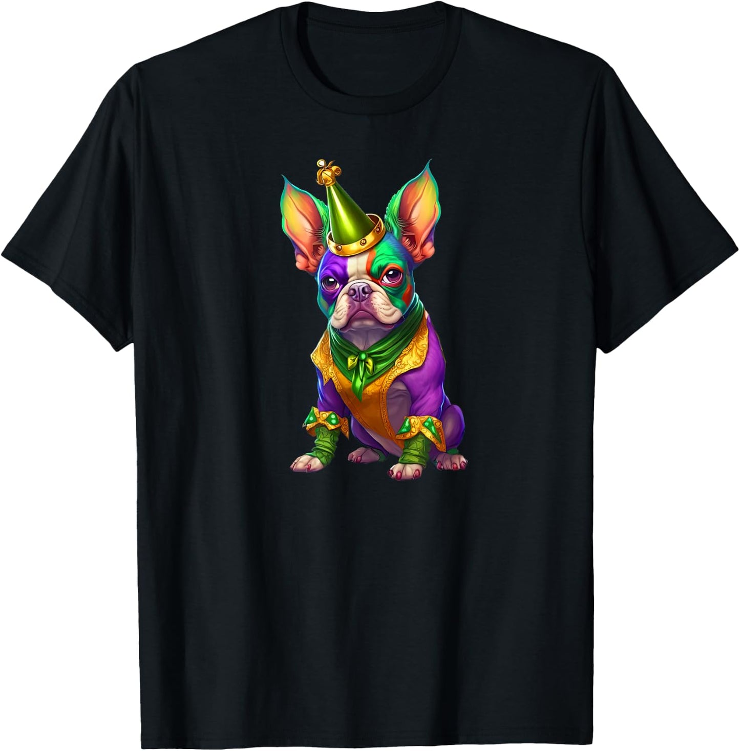 Mardi Gras Green Purple & Gold French Bulldog T-Shirt - T-Shirt | Black