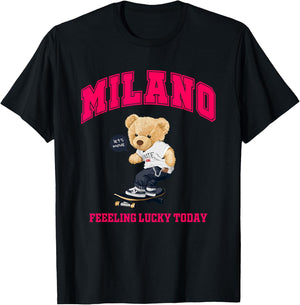 Cool Milan Italy Teddy Bear Illustration Graphic Cartoon T-Shirt - T-Shirt | Black
