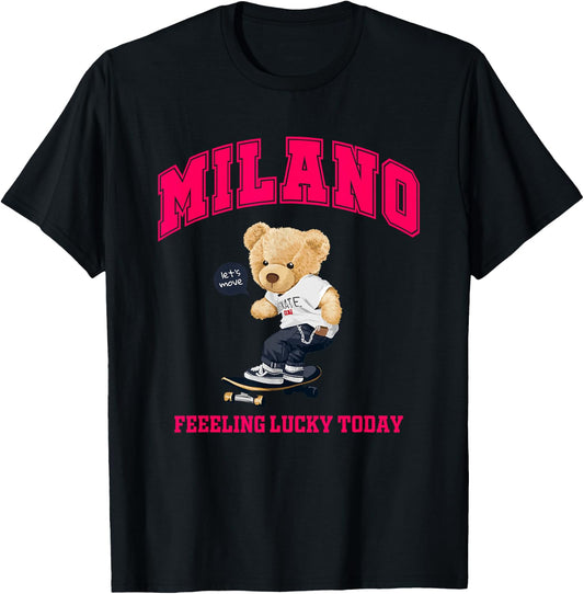 Cool Milan Italy Teddy Bear Illustration Graphic Cartoon T-Shirt - T-Shirt | Black