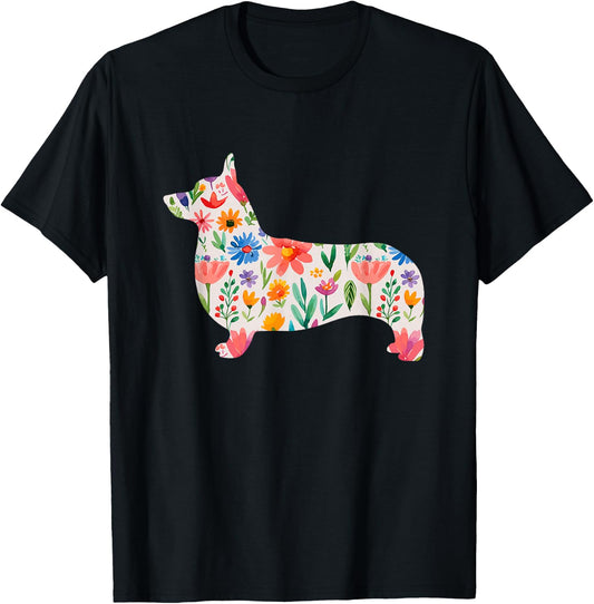 Pembroke Welsh Corgi watercolor flowers design T-Shirt - T-Shirt | Black