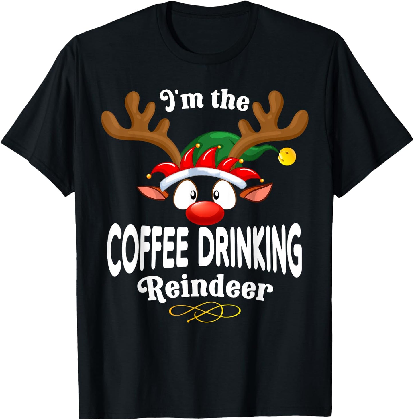Christmas PJS Coffee drinking XMas Reindeer Matching T-Shirt - T-Shirt | Black