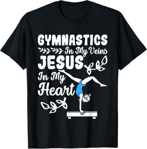 Gymnastics In My Veins Jesus In My Heart Funny Girls Gymnast T-Shirt - T-Shirt | Black