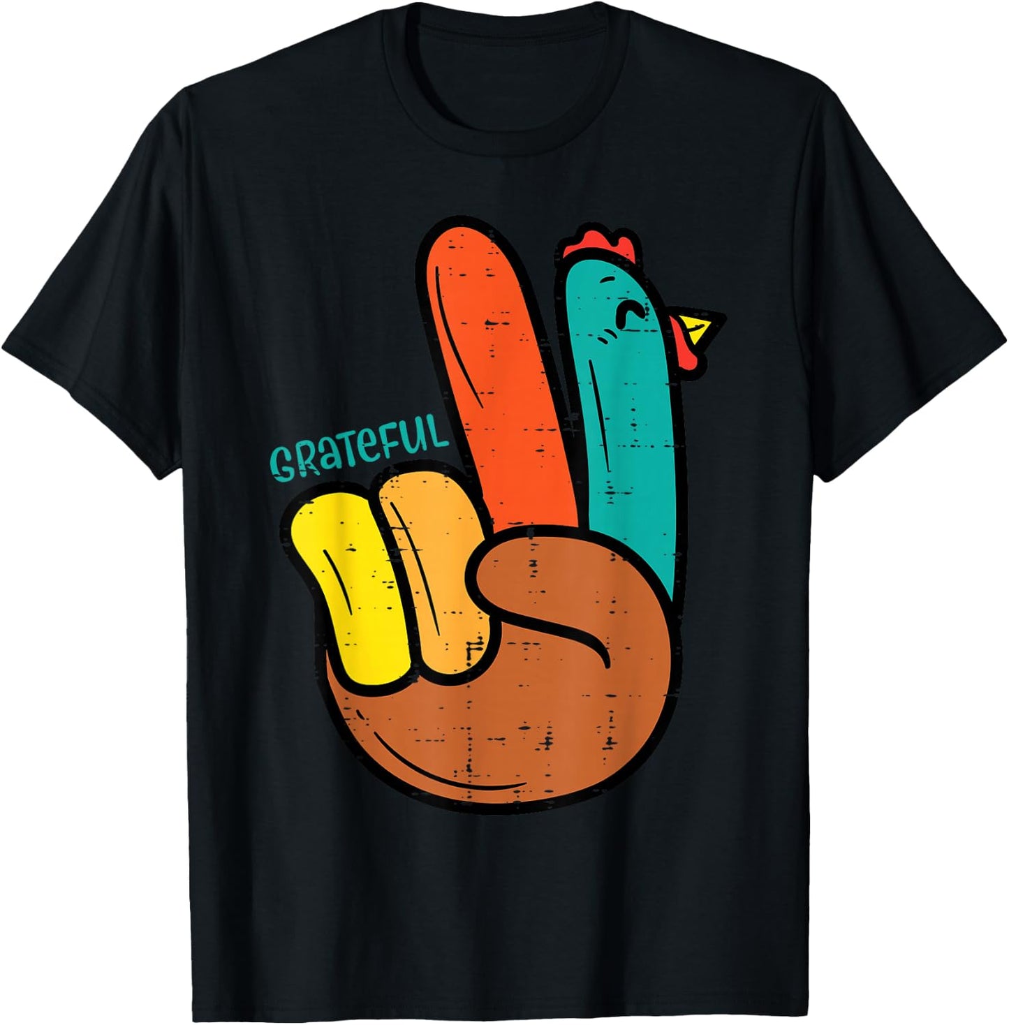 Peace Hand Turkey Grateful Thanksgiving Hippi Men Women Kids T-Shirt - T-Shirt | Black
