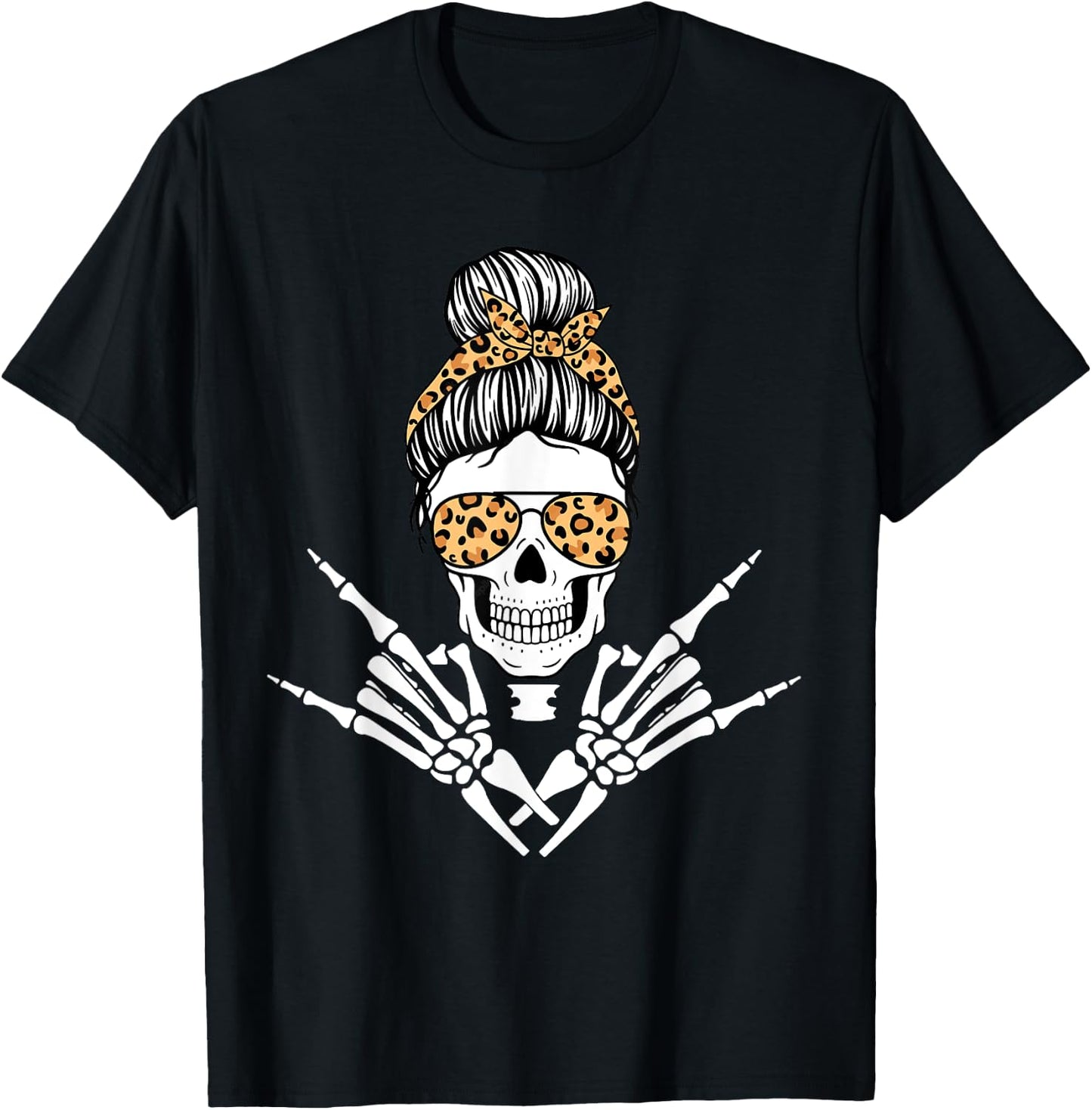 Rocker Skeleton Hand Rock On Leopard Messy Bun Halloween T-Shirt - T-Shirt | Black