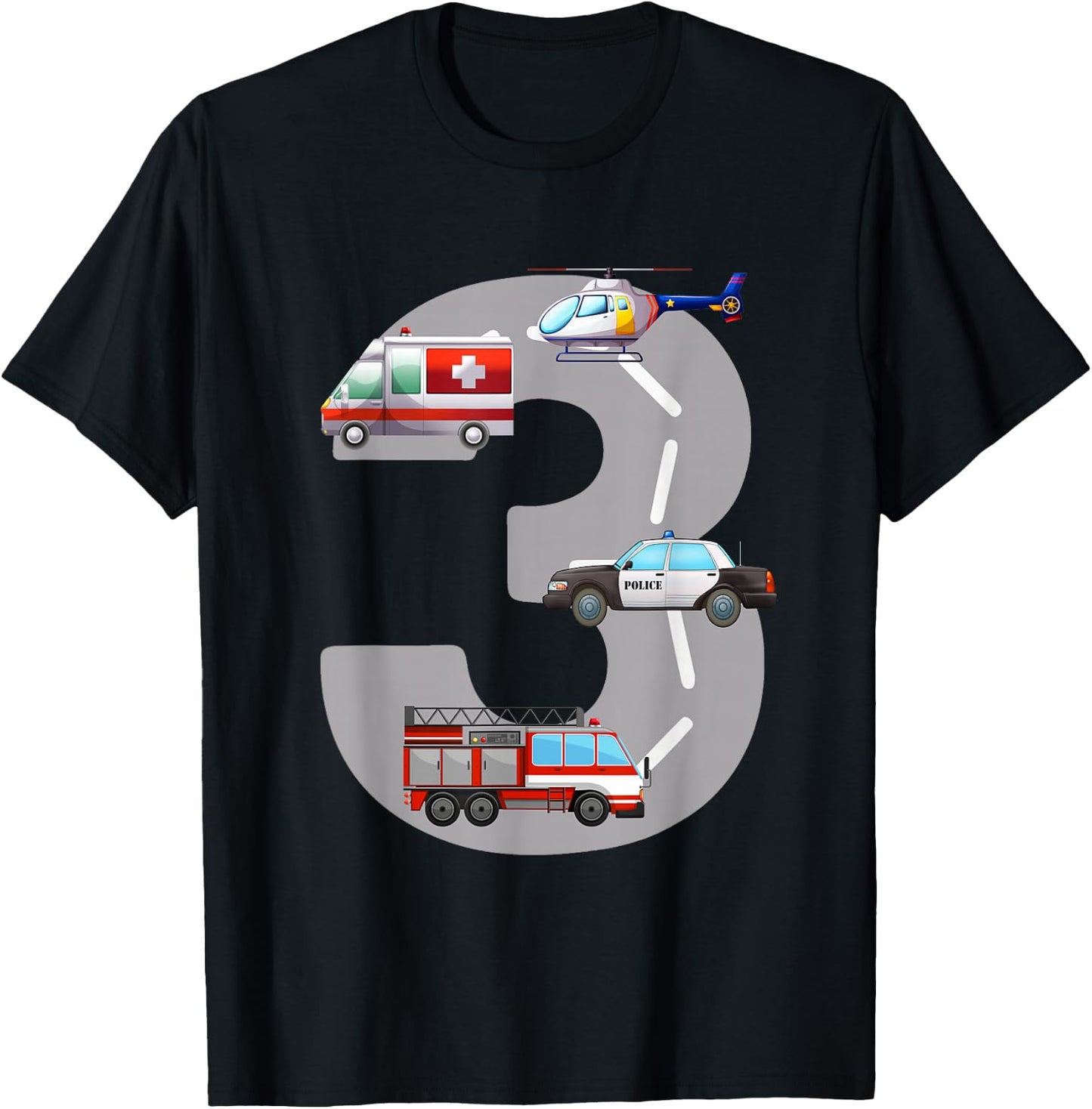Emergency Vehicles 3rd Birthday Fire Truck Police Car Boys T-Shirt - T-Shirt | Black