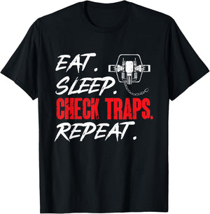 Trapping Shirts & Furbearer Trapper Gifts Black 3X-Large Short Sleeve Classic Fit Eat Sleep Check Traps Repeat Trapper Hunting T-Shirt - T-Shirt | Black