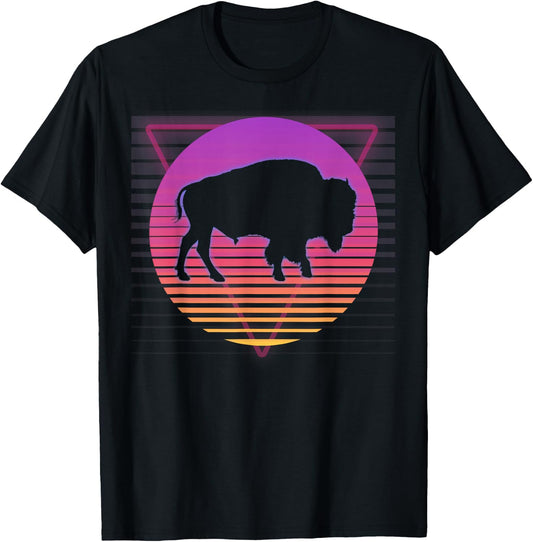 Buffalo Bison Retro Vaporwave Vintage 80s 90s Style Sunset T-Shirt - T-Shirt | Black