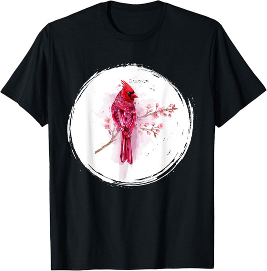 Vintage Cherry Blossom Bird Animal Sakura Red Cardinal T-Shirt - T-Shirt | Black