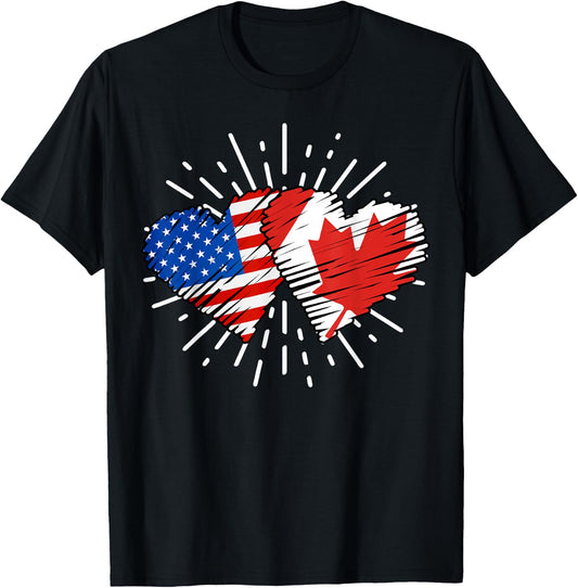 Canada USA Friendship Heart With Flags Matching T-Shirt - T-Shirt | Black