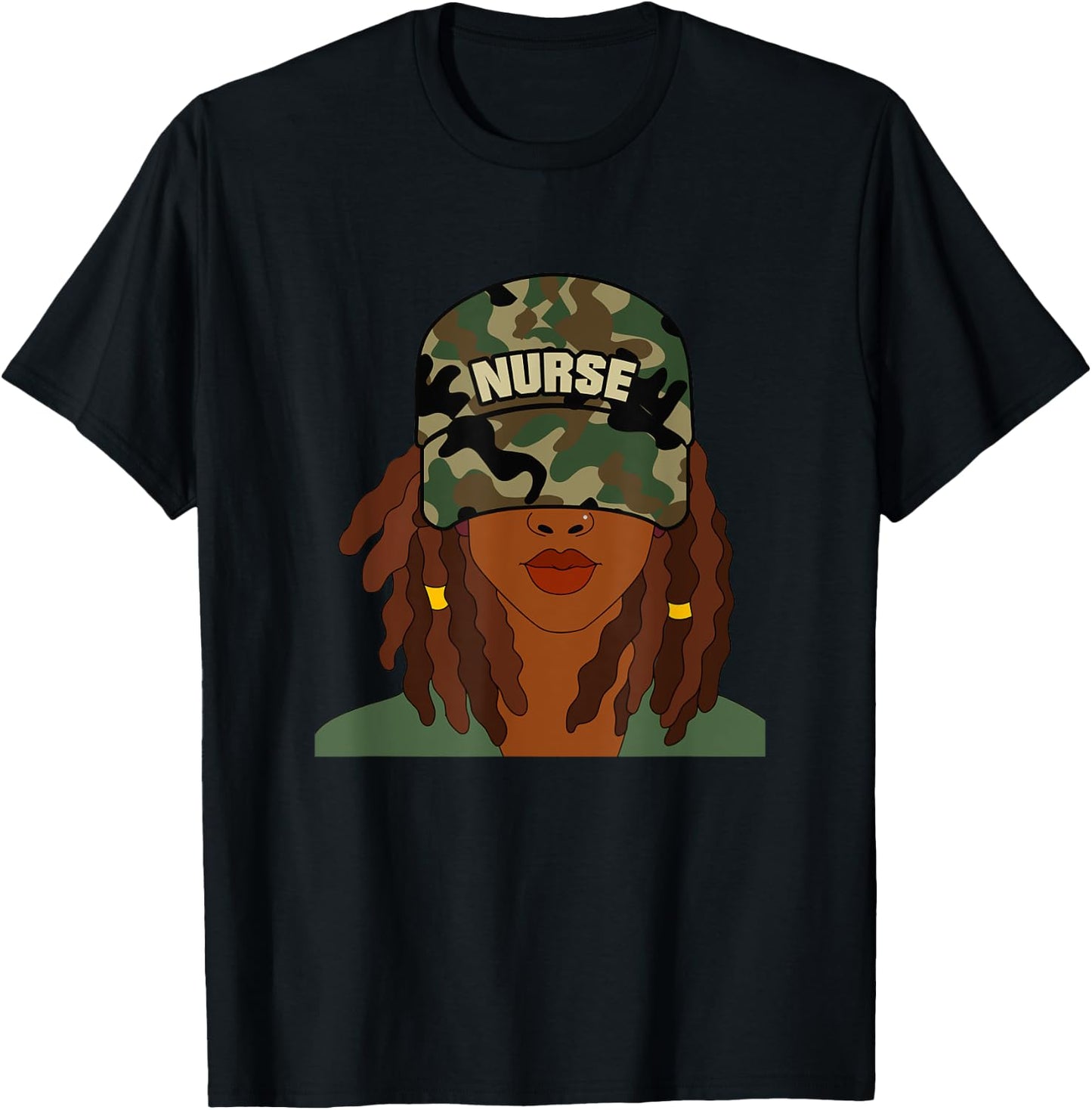 African American Nurse LPN Camo Camouflage Hat Locs T-Shirt - T-Shirt | Black