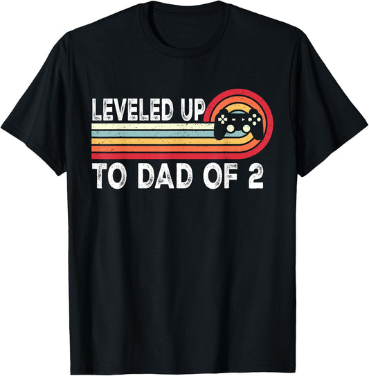 Leveled Up To Dad of 2 Daddy Again Pregnancy Announcement T-Shirt - T-Shirt | Black