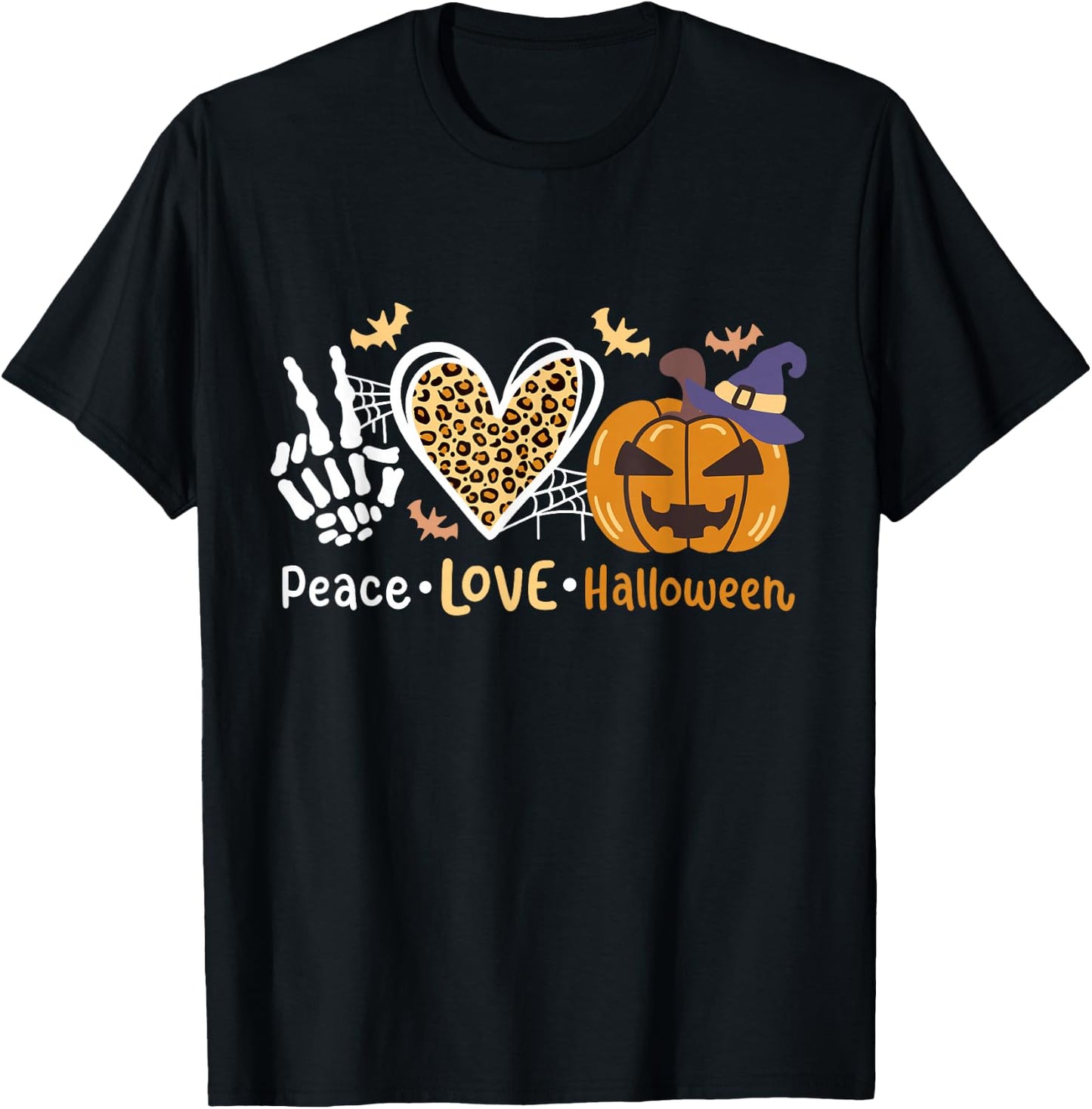 Peace Love Halloween Costume Pumpkin Leopard Heart Party T-Shirt - T-Shirt | Black