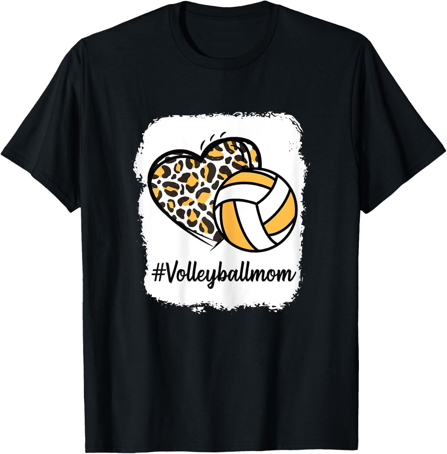 Bleached Volleyball Mom Yellow Leopard Print Heart T-Shirt - T-Shirt | Black